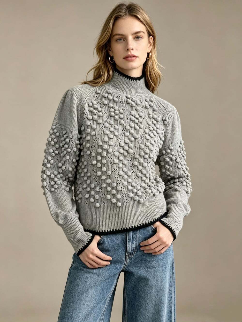 NWOT BCBGMAXAZRIA Popcorn Stitch Mock Neck Wool Blend Sweater Grey Size XL